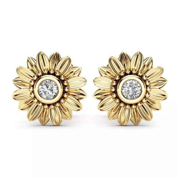 ***18k Yellow Gold Diamond Sunflower Stud Earrings - Picture 1 of 4